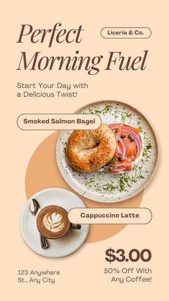 breakfast bagel, smoked salmon bagel, cappuccino, cafe breakfast, coffee and food, morning meal deal, bagel sandwich, daily deal, sale promotion, flat lay, minimalist, warm, calm, pastel, brown, orange